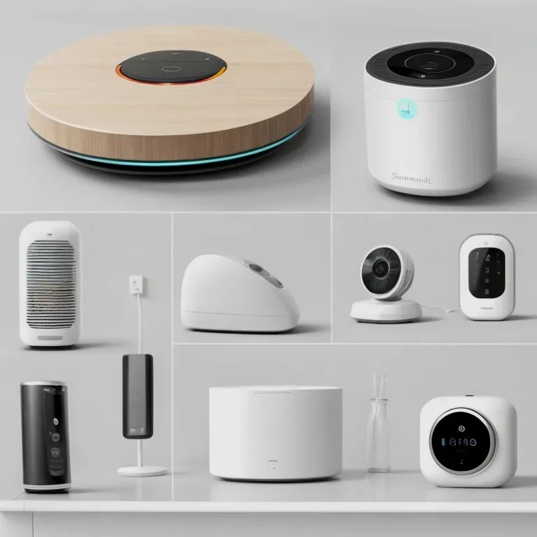 Smart home devices including robot vacuum, AI air conditioner, and pet feeder in a modern living room